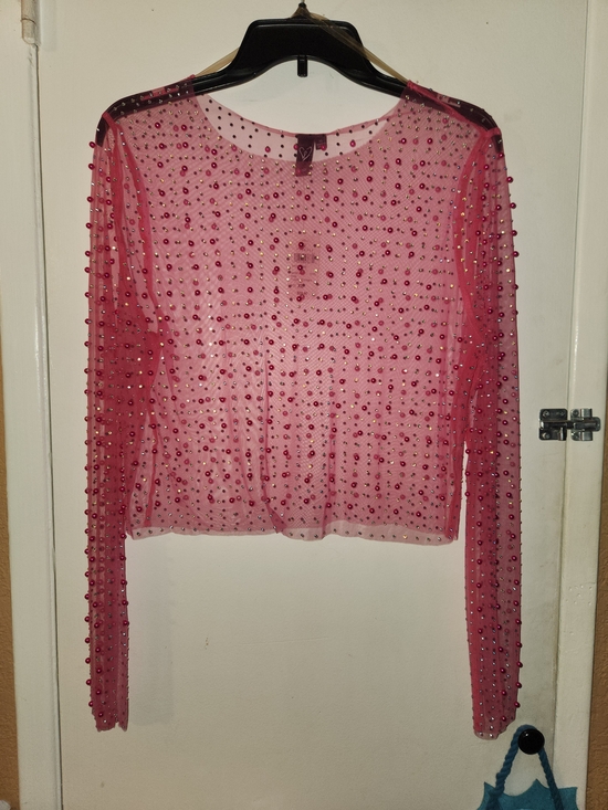 Windsor Tops - Windsor Pink Beaded Sheer Long-Sleeve Crop Top